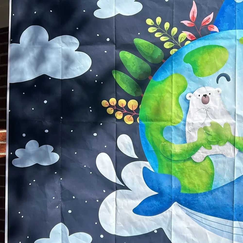 Earth Day backdrop, earth, bear, whale. Space, 3 x 4, blue black, green white